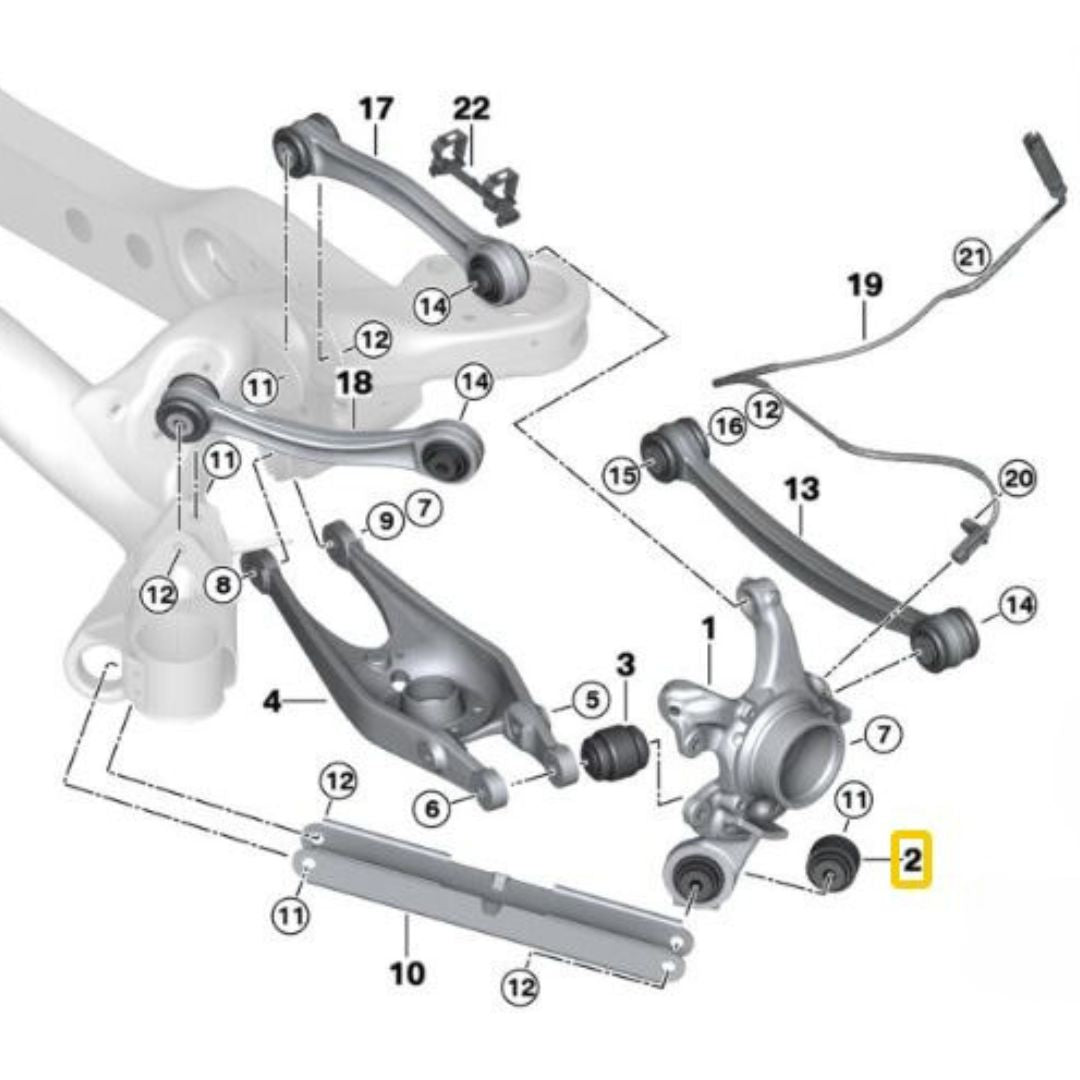 Soporte de rueda trasera: casquillos del brazo de arrastre (carcasa de aluminio con cojinete) BMW E8x, E9x